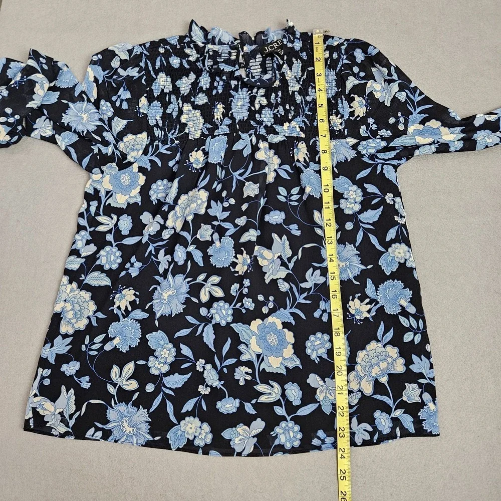J.Crew Blouse‎ Sz XS Smocked Ruffleneck Chiffon Top Midnight Blue Floral Cottage